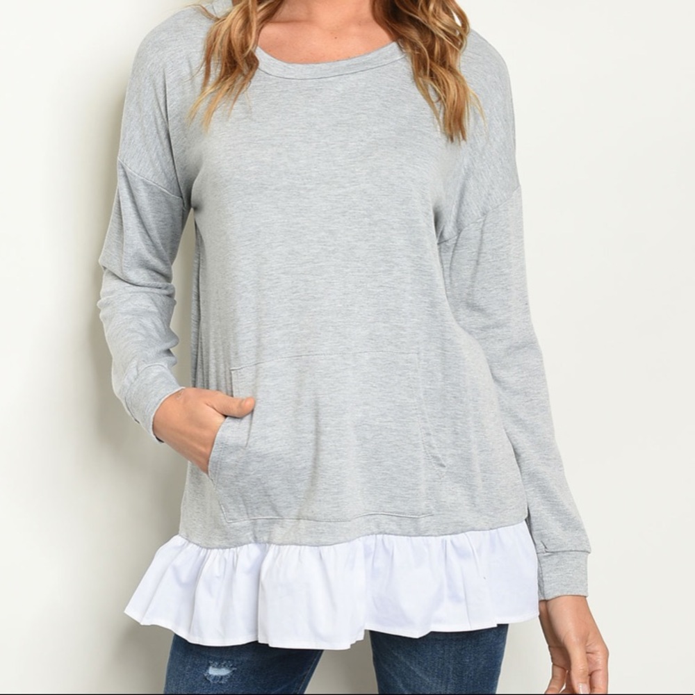 Grey & White Ruffled Hem Tunic Top - Picture 6 of 7